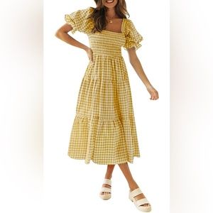 ZESICA yellow plaid cottagecore dress